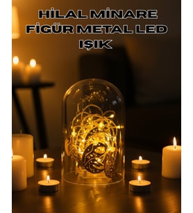 Ramazan Minare Detaylı Hilal LED Işık Günışığı Sarı Metal Süs
