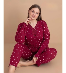 Pijamerry Kadın Büyük Beden Dantel Yaka Bambu Uzun Kol İnce Pijama Takımı 5547 - 1 Adet (Kırmızı)