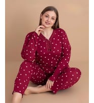 Pijamerry Kadın Büyük Beden Dantel Yaka Bambu Uzun Kol İnce Pijama Takımı 5547 - 1 Adet (Kırmızı)