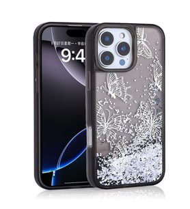 iPhone 15 Pro Max Kılıf Sıvılı Simli Kelebek Tasarım Şeffaf Liquid Glittery Silikon Kapak (Siyah)