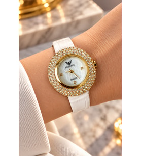 Rubenis Swiss Kadın Kol Saati Sarı Altın Renk Çelik 33mm Kristal Taşlı Gerçek Deri Kayışlı Beyaz Sedef Kadranlı