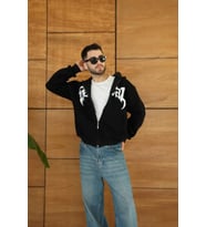 Erkek Kapüşonlu Sweatshirt Hoodie 3 İplik Şardonlu Pamuklu Kumaş, Önü Baskılı, Fermuarlı Rahat Kalıp, Kışlık Ve Sokak Stili Sweat - Siyah