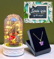 Led Işıklı Biblolu Fanus ve Kelebek Kolye Hediye Seti (Model 4)