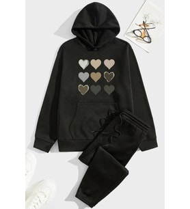 Unisex Kalp Baskılı Eşofman Takımı (Siyah)
