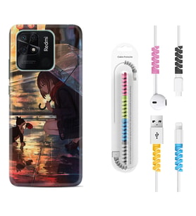 Xiaomi Poco X3 Pro M4 Pro X4 Pro C40 10C Kılıf Kablo Koruma Spiral Silikon Kız ve Kedi 1762