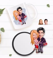 BK Gift Kişiye Özel Sevgililer Karikatürlü Beyaz Kupa ve Ahşap Bardak Altlığı Hediye Seti-2