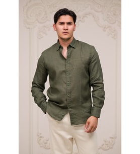 Regular Fit Gizli Düğmeli Yaka %100 Linen Ham Keten Gömlek