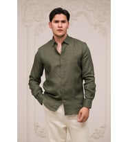 Regular Fit Gizli Düğmeli Yaka %100 Linen Ham Keten Gömlek