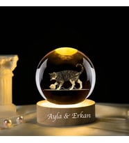 Kişiye Özel Işıklı Ahşap Kaideli Kedi Temalı Cam Küre 8*6cm