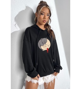 Unisex Yin Yang Cats Baskılı Sweatshirt (Siyah)