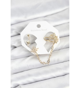 Kutup Yıldızı Model Pirinç Gold Renk Zincir Bağlantılı Ear Cuff Küpe Seti - TJ-BKP11550