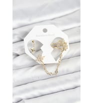 Kutup Yıldızı Model Pirinç Gold Renk Zincir Bağlantılı Ear Cuff Küpe Seti - TJ-BKP11550