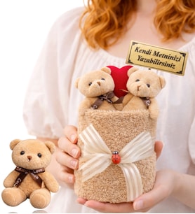 Kişiye Özel Kahve Peluş Ayıcık Buketi ve Peluş Kahve Anahtarlık (Yeşil)