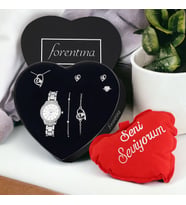 Forentina Gümüş Kaplama Kalp Kolye Küpe Bileklik Yüzük Saat Kalpli Yastık Hediye Set PS3393