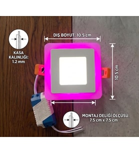 Kare Sıva Altı Led Spot Aydınlatma 6 WATT Çift Renk 3 Kademe Pembe Beyaz Gece Lambası Armatür