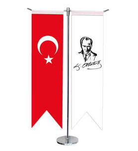 Masa Üstü Kırlangıç Atatürk İmzalı Masa + Türk Bayrağı + Krom T Direk Masa Bayrak Seti