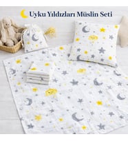 More Home % 100 Pamuk Müslin Örtü, Bebek Battaniyesi 7 Parça Set Ay Yıldızlı Gri Sarı
