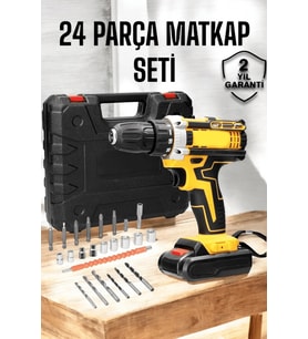 Çift Bataryalı Metal Dişli Darbeli Şarjlı Matkap Seti 24w Güç Ve 24 Parça Aksesuar