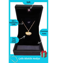Işıklı Premium Kutuda Istiridye Inci Çelik Kolye  Paslanmaz Kararmaz  Hediye Kadın (Gold)