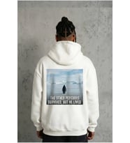 Siyah Oversize Hoodie - Sırt Baskılı Survivor Penguin Temalı, Felsefi Yazılı Kapüşonlu Sweatshirt - Beyaz