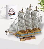 BK Gift Kişiye Özel Ahşap El Yapımı Yelkenli Gemi 26cm ve Gemi Tasarımlı Kupa Hediye Seti-2