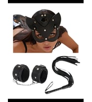 Fantezia Night Fantezi Deri Siyah Kedi Maske Kelepçe Kırbaç Seti ( 3'lü set) TG275369