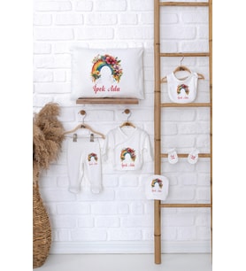 Pia Baby Premium %100 Pamuk İsme Özel Kız Bebek Hediye Seti Zıbın Yastık Kılıfı 5066-06 (Ekru)