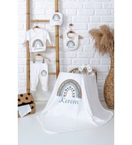 Pia Baby Premium Kişiye Özel Battaniye ve 5 Parça Battaniyeli Zıbın Bebek Hediyesi 5073-04 (Ekru)