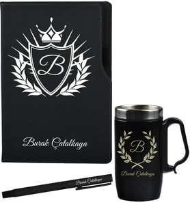 Kişiye Özel Sevgiliye Hediye Siyah Defter Termos - Mug ve Roller Kalem Hediye Seti