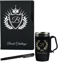 Kişiye Özel Sevgiliye Hediye Siyah Defter Termos - Mug ve Roller Kalem Hediye Seti
