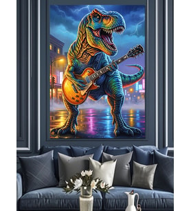 Gitar Çalan Dinozor Rockçı Dekoratif Kanvas - Mdf Ahşap Tablo