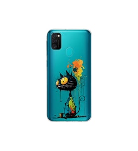 Samsung Galaxy M21 ile Uyumlu Splash Kedi Tasarımlı Şeffaf Silikon Kılıf