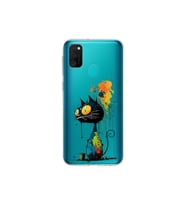 Samsung Galaxy M21 ile Uyumlu Splash Kedi Tasarımlı Şeffaf Silikon Kılıf