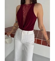 Yıldız Kadın Dantel Detaylı Derin Dekolte Body Şık Kolsuz Yazlık Bodysuit - Bordo