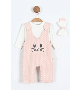 Tavşan Nakışlı Kız Bebe İkili Salopet Set (Pudra Pembe)