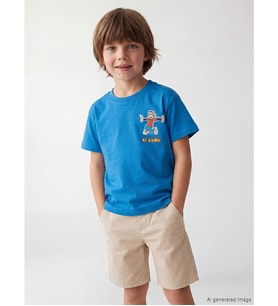 LCW Kids Mavi Bisiklet Yaka Baskılı Unisex Çocuk Tişört
