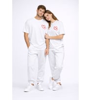 Sevgili Kombini Kalp Baskılı Oversize Çift Tişört Unisex Uyumlu Partner Kombin Seti (Beyaz)