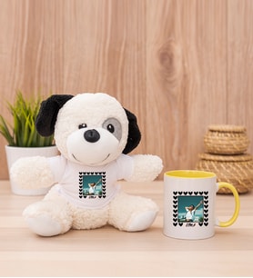 Kişiye Özel Kalp Detaylı Fotoğraflı  Peluş Köpek ve Sarı Kupa