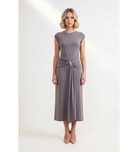 Kadın Kolsuz Bisiklet Yaka Midi Elbise Aksesuar Detaylı Bodycon Kesim Modal Kumaş Günlük Rahat Şık