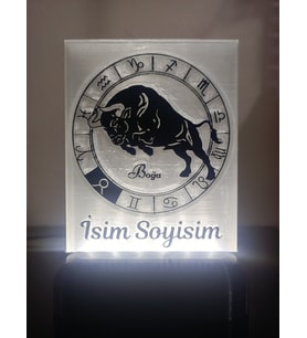 Boğa Burcu Kişiye Özel Isimli Dekoratif Led Lamba - Kablolu Adaptörlü - Beyaz Işıklı