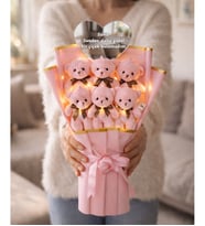 Aynalı Led Işıklı Pembe Peluş Ayıcık Buketi Ayıcıklı Peluş Buket