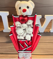 Premium 35 cm Peluş Ayı ve Kalp Balonlu Romantik Kırmızı Peluş Ayıcık Buketi (Beyaz)