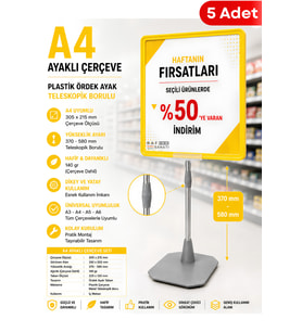 5 Adet - A4 Ayaklı Fiyat Etiketlik Teleskopik Borulu Çerçeve Etiketlik Yönlendirme Levhası Menü Panosu Sarı