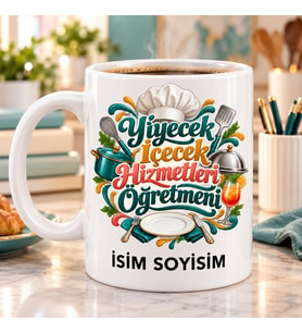 Kişiye Özel Yiyecek İçecek Hizmetleri Öğretmeni Aşçı Şapkası ve Yaprak Desenli Yeşil Turuncu Kupa Bardak