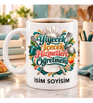 Kişiye Özel Yiyecek İçecek Hizmetleri Öğretmeni Aşçı Şapkası ve Yaprak Desenli Yeşil Turuncu Kupa Bardak