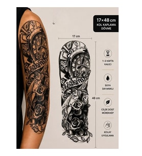 Büyük Boy Geçici Kol Kaplama Dövme - Saat ve Gül Desenli Suya Dayanıklı Tattoo