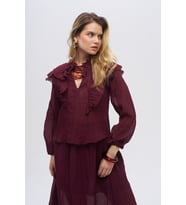 Kadın Fırfırlı ve Yaka Bağlamalı Dökümlü Transparan Bluz (Bordo)