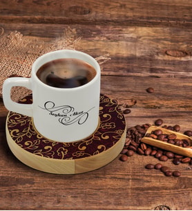 BK Gift Kişiye Özel Retro Motif Tasarımlı Doğal Ahşap Tabaklı Türk Kahvesi Fincanı Model 13