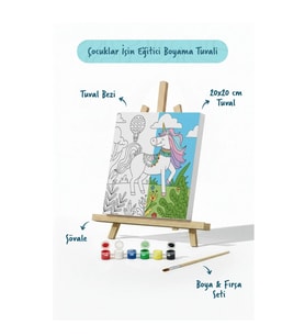 Unicorn & Doğa Temalı Çocuk Boyama Tuvali – Şövaleli Boya Seti 20x20