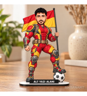 Kişiye Özel Sarı Kırmıızı Erkek Süper Karikatürlü 18 cm MDF Masaüstü Biblo - Futbol Temalı Hediye Futbol Severlere ve Spor Tutkunlarına Hediye